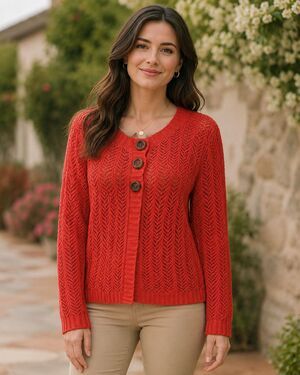 Jones New York Signature P Small Coral Chevron Knit Cardigan Sweater 3 Buttons